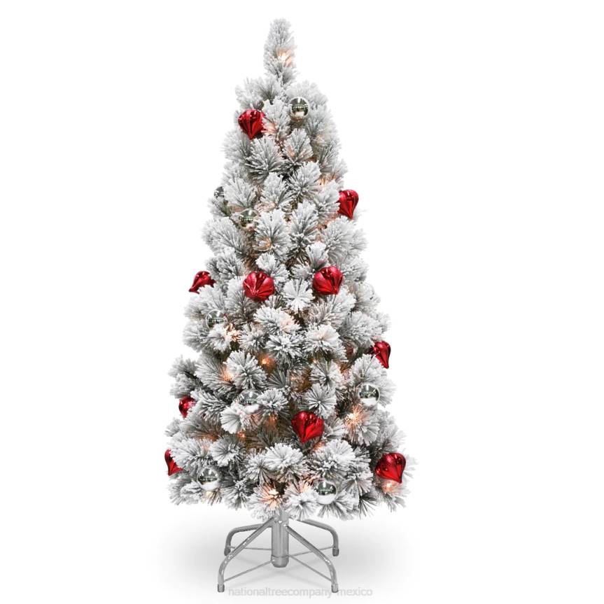 Pre-Lit Artificial Christmas Tree, Snowy Bristle Pine, Green, Decorated with Frosted Branches, Pine Cones, White Lights, Includes Stand, 4.5 Feet National Tree CompanyLBRH176