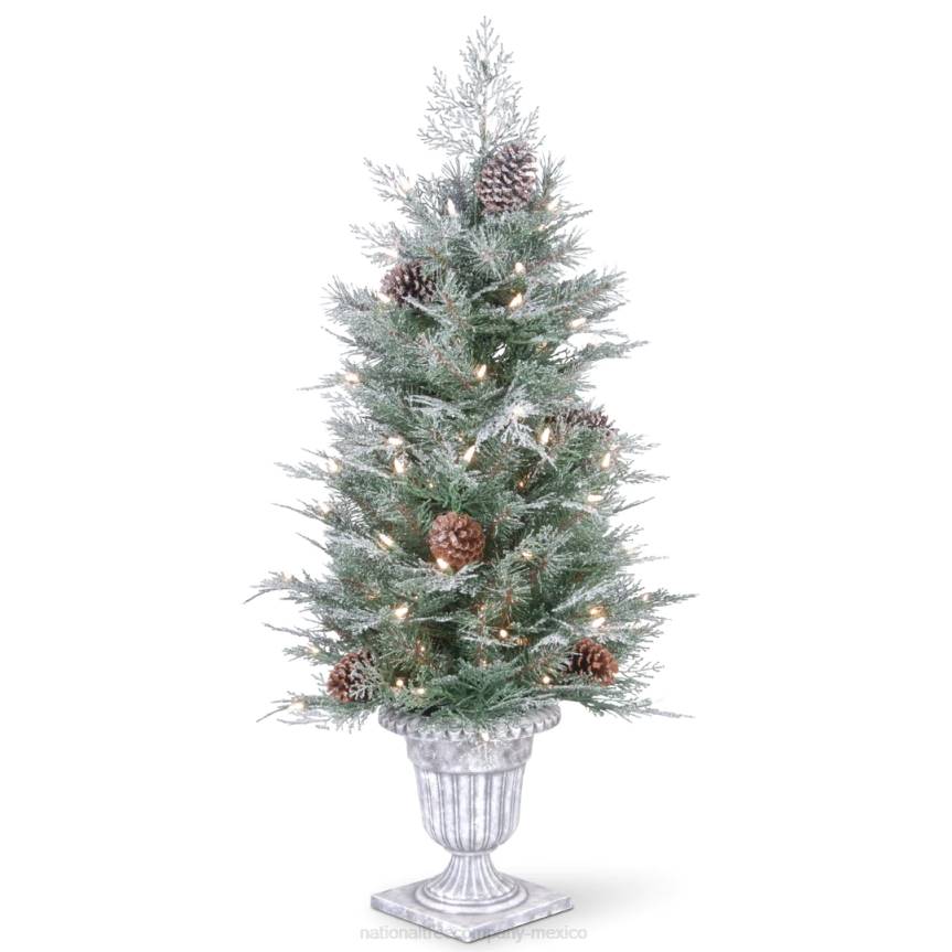 Pre-Lit Artificial Entrance Christmas Tree, Frosted Mountain Spruce, Green, White Lights, Decorated with Berry Clusters, Pine Cones, Includes Metal Base, 4 Feet National Tree CompanyLBRH206