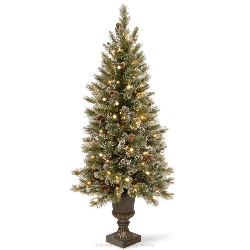Pre-Lit Artificial Mini Christmas Tree, Green, Glittery Bristle Pine, White LED Lights, Flocked with Pine Cones, Frosted Branches, Includes Decorative Urn Base, 4 Feet National Tree CompanyLBRH162